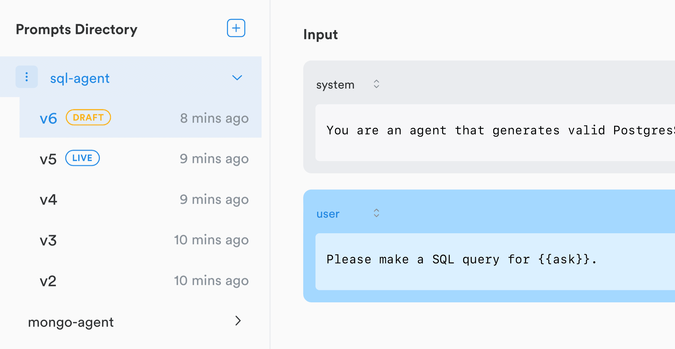 Lunary prompt management showing prompt templates and their versions